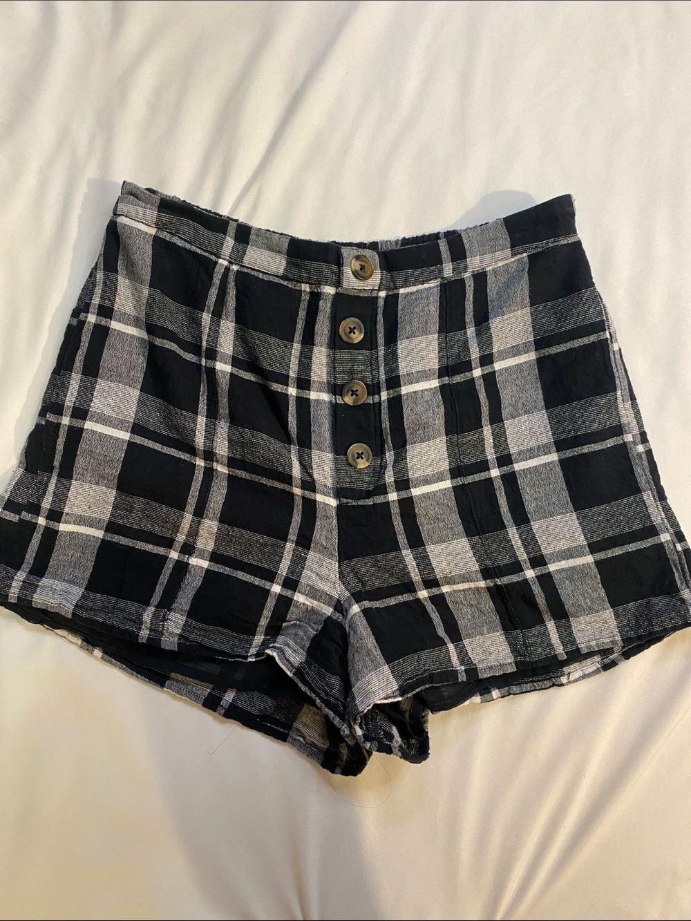 American Eagle Outfitters Black & White Plaid High Waist Button-Front Shorts